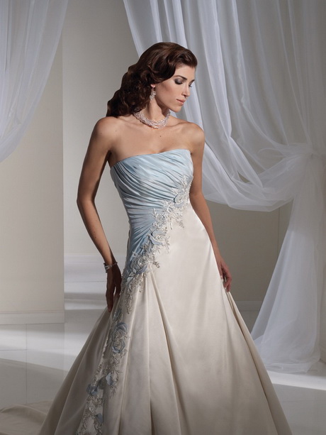 white wedding dress with blue sash