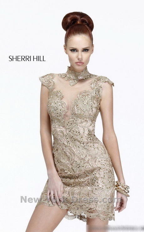 Enticing Lace Illusion Cocktail Dress by Sherri Hill 9701. Color: Gold