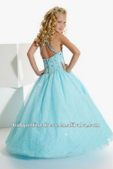 Kids Evening Gowns Halter Blue Sequins Backless Girls Prom Dresses ...