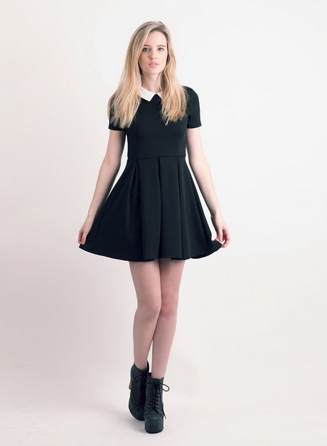 Women Mini Dress Peter Pan Collar Little Black Dress With White Collar A line High Waist Dress 