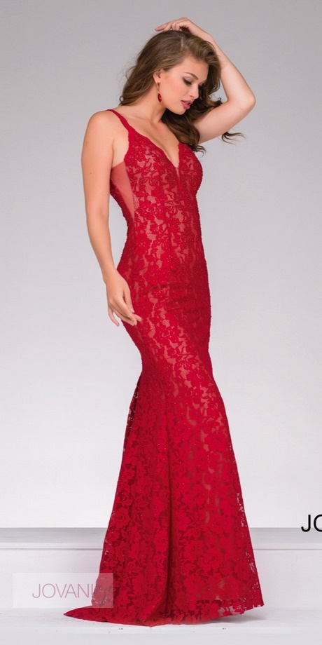 red fitted evening gown