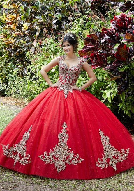 Red and gold quinceanera dresses