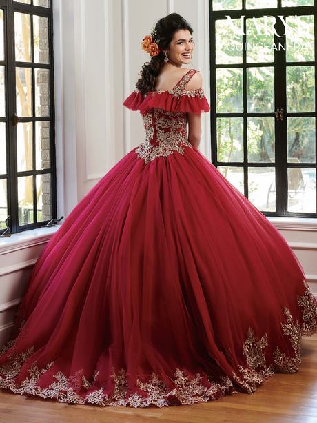 Red and gold quinceanera dresses