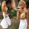 Two piece gold and white prom dress