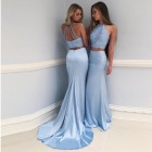 Two piece light blue prom dress