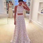 Two piece white lace prom dress